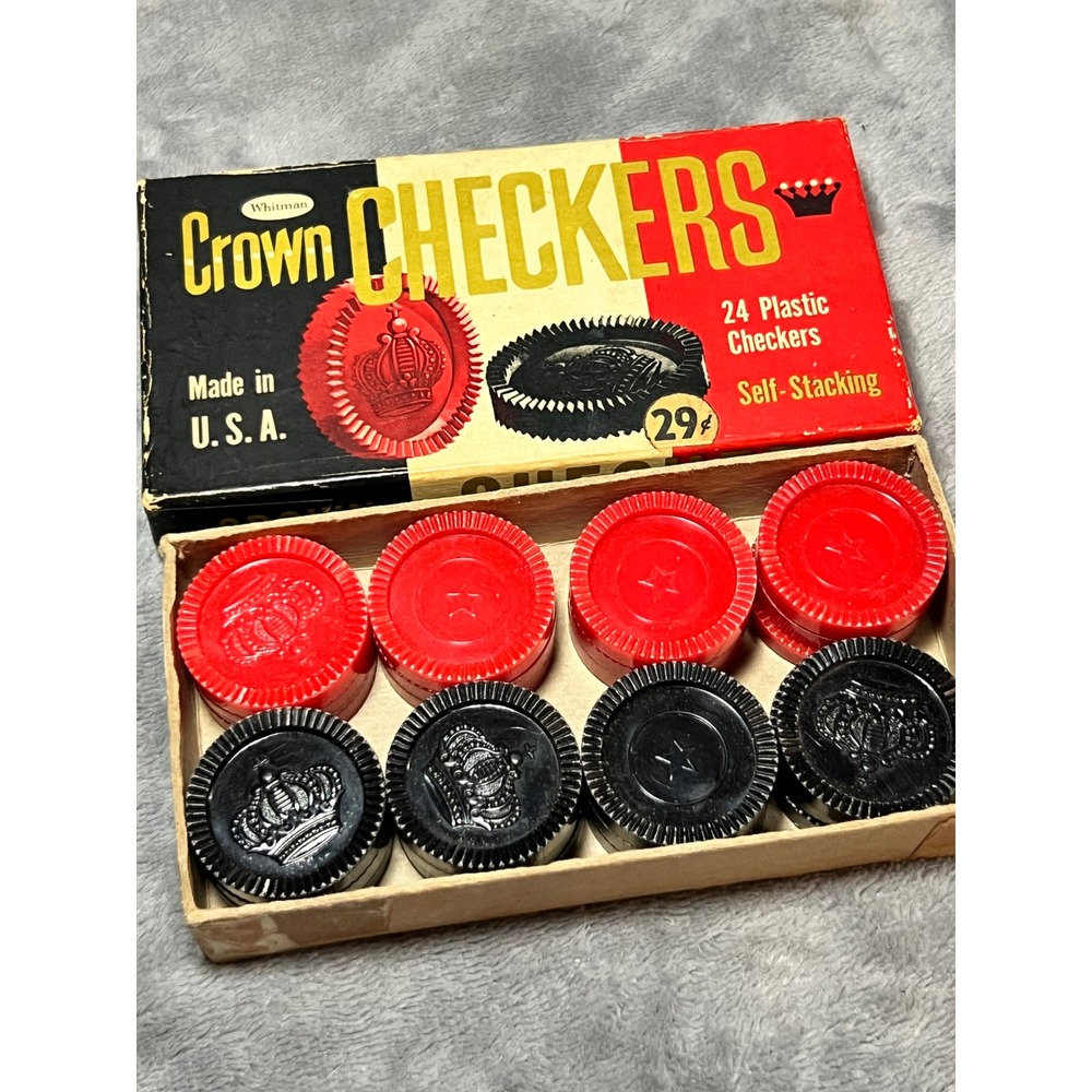 Vintage Whitman Crown Checkers 24 Plastic Self Stacking Red Black Game Set USA